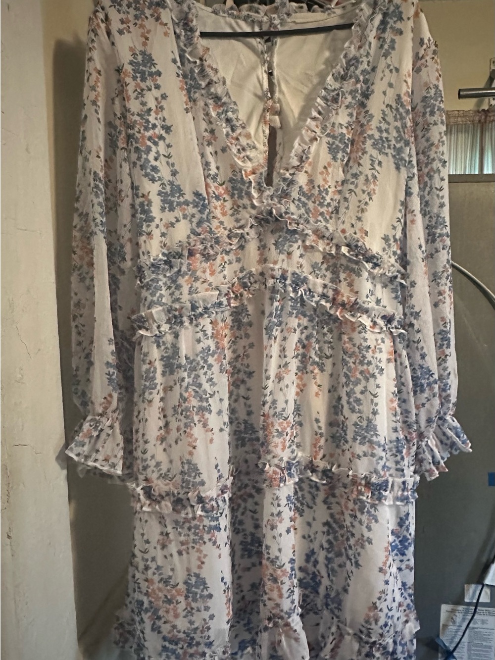 Floral Ruffle Tiered mid thigh Dress - White with Blue & Peach Floral